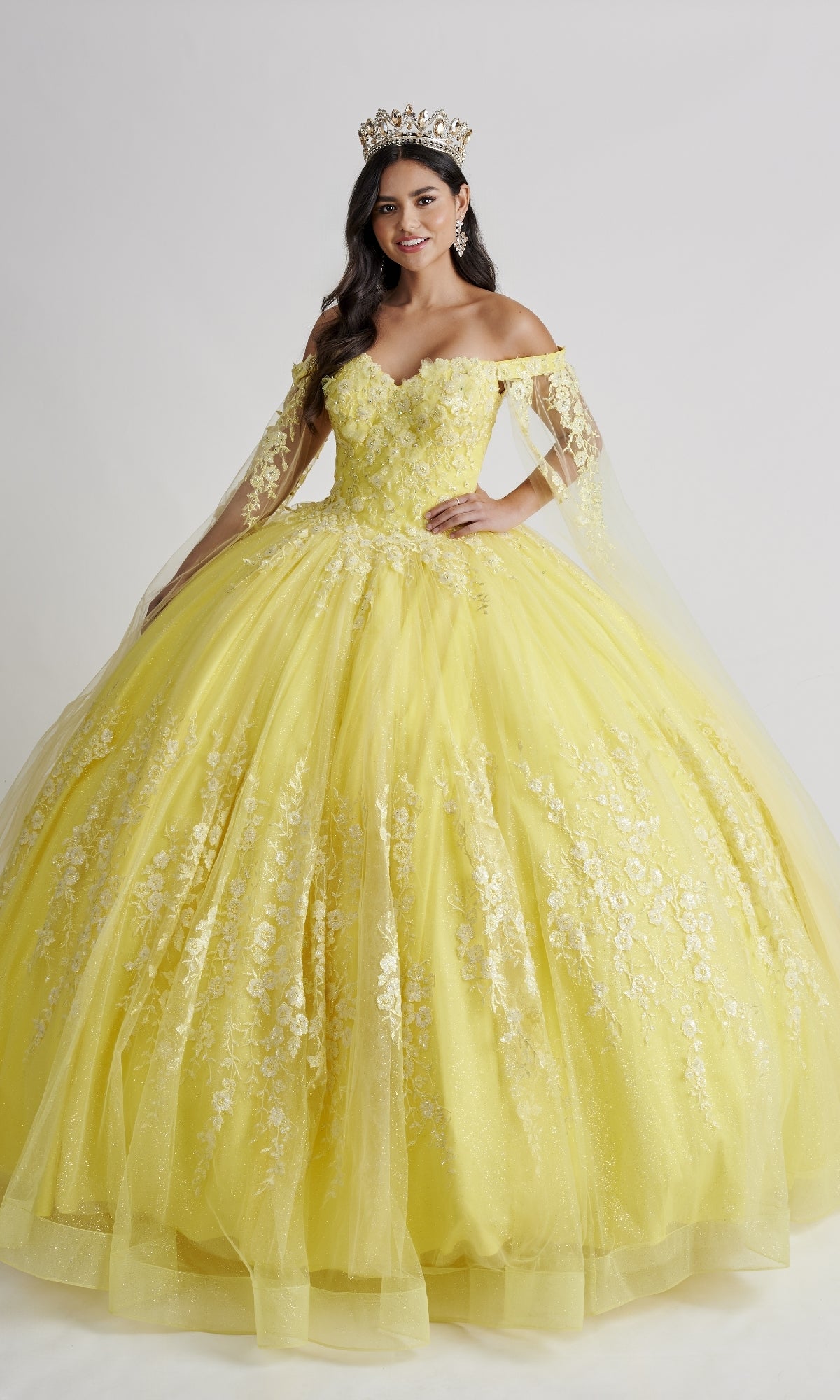 A woman in the Nina Canacci Q109 long quinceanera dress, featuring a floral bodice and crown, poses gracefully against a plain white background.